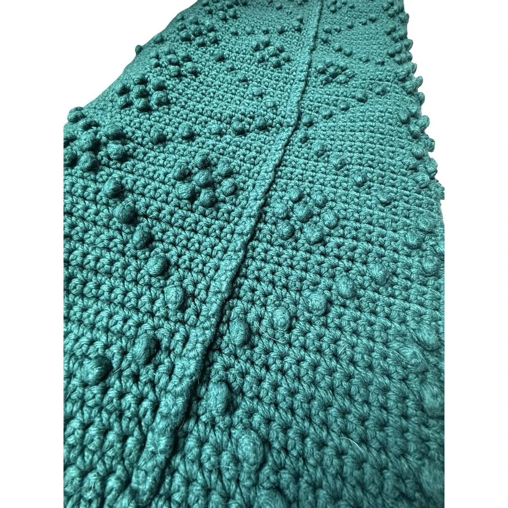 Hand Crocheted Bobble Throw Blanket Dark Green Afghan 57x64 Cottage Boho Vintage